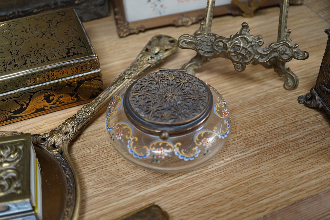 A group of brass and other metalware including an easel, various boxes, mirror etc.(9).